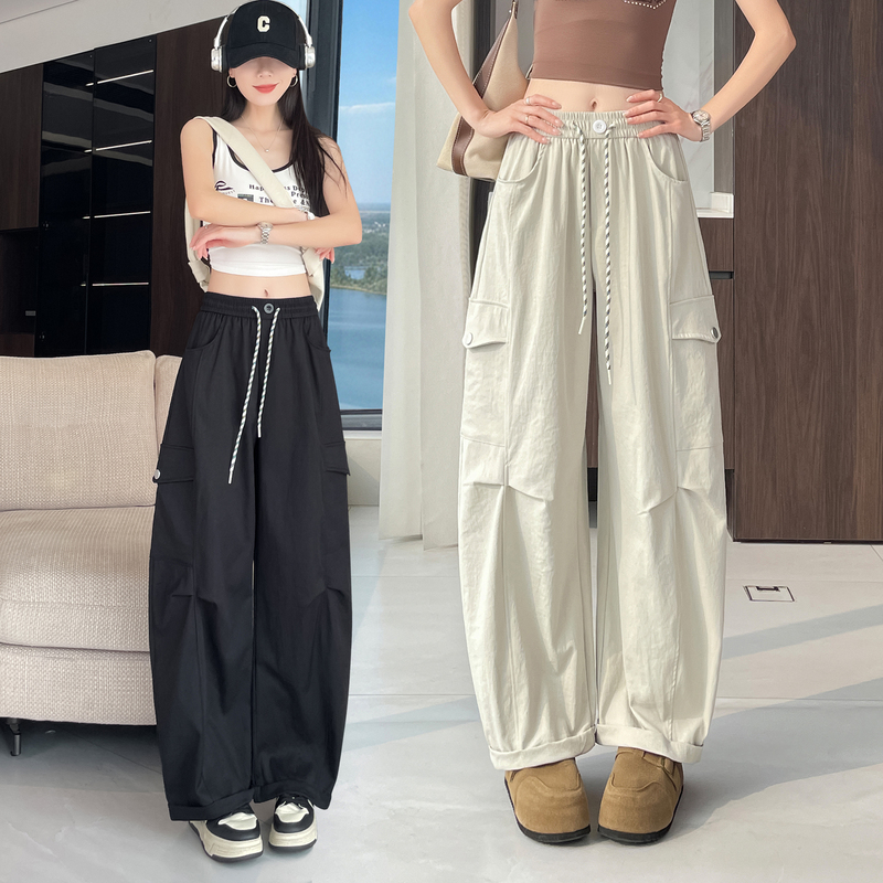 Titanium Cotton Scimitar Work Pants Women's Long Pants Spring and Summer Thin Casual Pants High-Waisted Slimming Straight-Leg Pants Drapey Paratrooper Pants