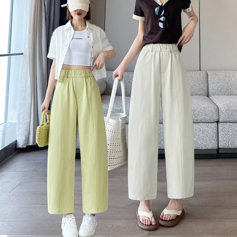 Petite Women's Pure Cotton Curved-Leg Pants, Summer Thin Nine-Point Casual Pants, High-Waisted Drapey Eight-Point Straight Wide-Leg Pants for Women