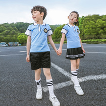 20 new boys and girls T-shirt sports school uniform set sky blue short sleeve polo shirt black shorts kindergarten wear 8