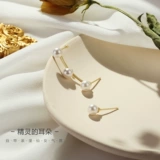 Модные серьги, искусственные клипсы из жемчуга, асимметричная цепочка, стиль, серебро 925 пробы, золото 14 карат
