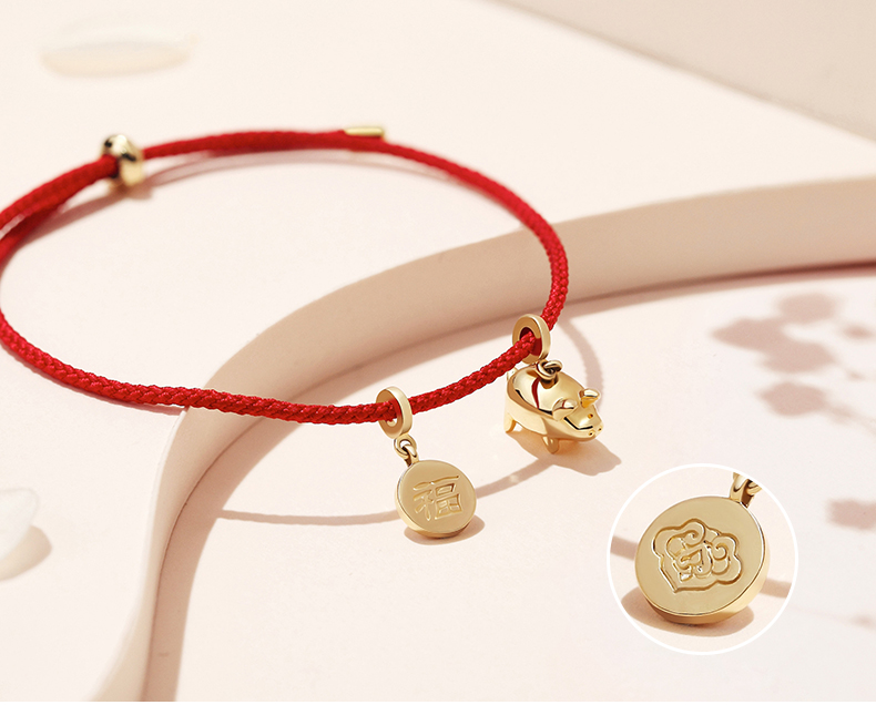 Phong cách tĩnh mạ vàng 14K vòng chân heo con ba vòng nữ sinh năm bện dây đỏ phước lành kéo chân điều chỉnh xích - Vòng chân lắc chân vàng tây