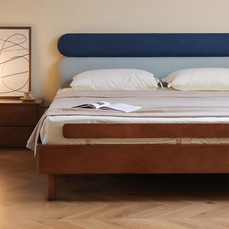 An Zaiye Solid Beech Wood Floating Style Antique Double Bed with Color Matching Soft Backrest for Small Apartments