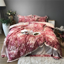 Brick red cotton 60 tribute satin nude sleeping four-piece plant flower digital printing wide edge cotton skin-friendly bedding