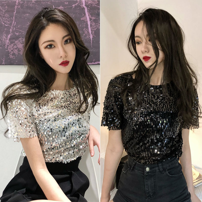 Summer Plus-Size Stage Performance Clothing, Fashionable and Sexy See-Through Top, Bling Sparkling Sequins, Elegant Short-Sleeved T-Shirt for Women