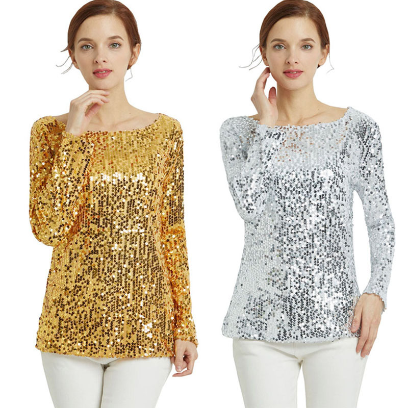 Spring Long-Sleeved T-Shirt Bling Gold and Silver Glitter Sequins Stage Slim Fit Loose Plus Size Top for Women