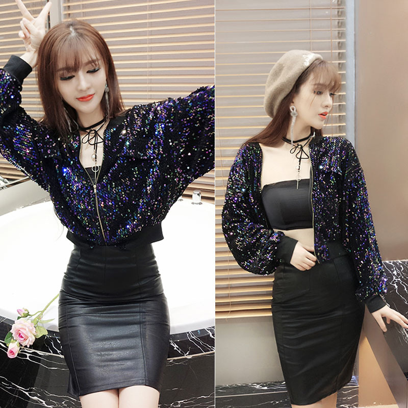Internet Celebrity Shiny Top with Batwing Sleeves, Zip-Up Short Jacket, Colorful Sequins, Loose Short Jacket, Unisex Internet Celebrity Shiny Top with Batwing Sleeves, Zip-Up Short Jacket, Colorful Sequins, Loose Short Jacket, Unisex