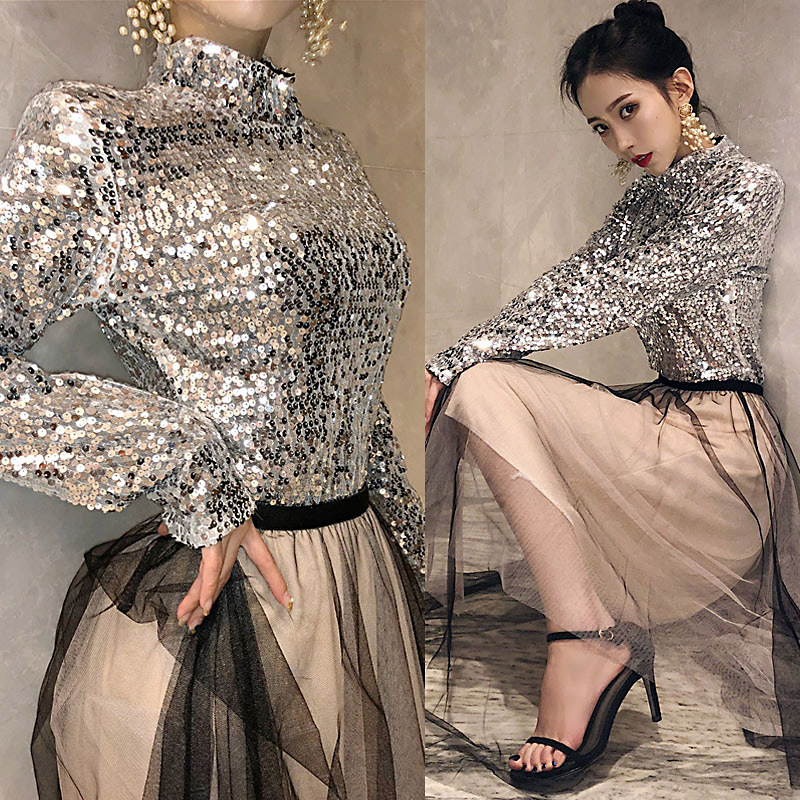 European Style Spring and Autumn Hong Kong Fashion Street Style Blingbling Shiny Sequin Silver Long-Sleeve Slim-Fit Top for Women Trendy European Style Spring and Autumn Hong Kong Fashion Street Style Blingbling Shiny Sequin Silver Long-Sleeve Slim-Fit Top for Women Trendy