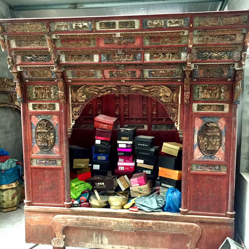 Late Qing people start gold lacquer high hat old plus-size bed one thousand work bed Ming and Qing antique ancient play furniture wood carved flower board collection-Taobao