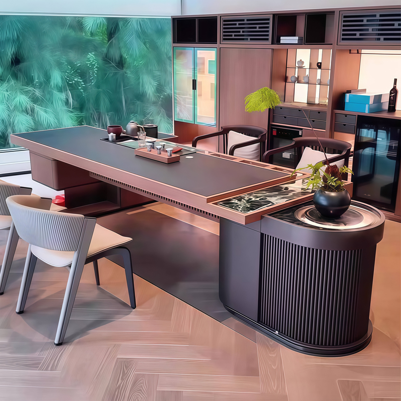 New Chinese-Style Black Walnut Tea Table and Chairs, Light Luxury Slate Tea Table with Mountain View Design, Designer Model, Song-Style Office Tea Table