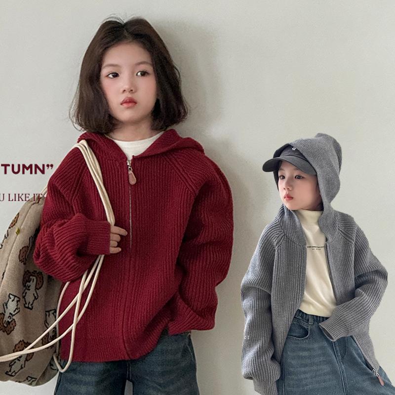 French Style Girls' Hooded Knitted Cardigan Spring & Fall Kidsren's Korean Style Zipper Jacket Boys' Red New Year Sweater Top