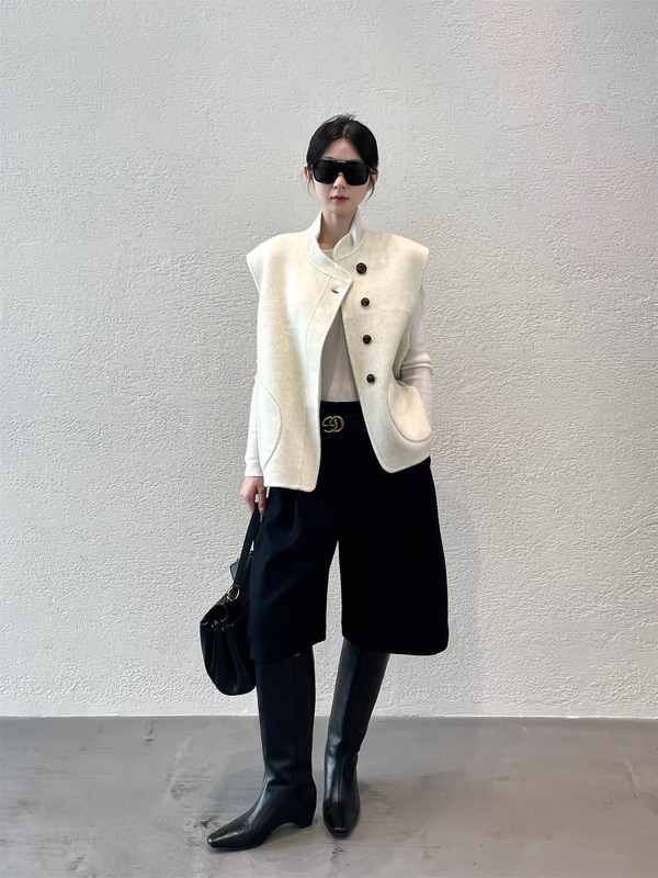 100% Wool 26 Autumn and Winter New Style Stand-Up Collar Sleeveless Layered Wool Double-Sided Woolen Vest Jacket Coat for Women