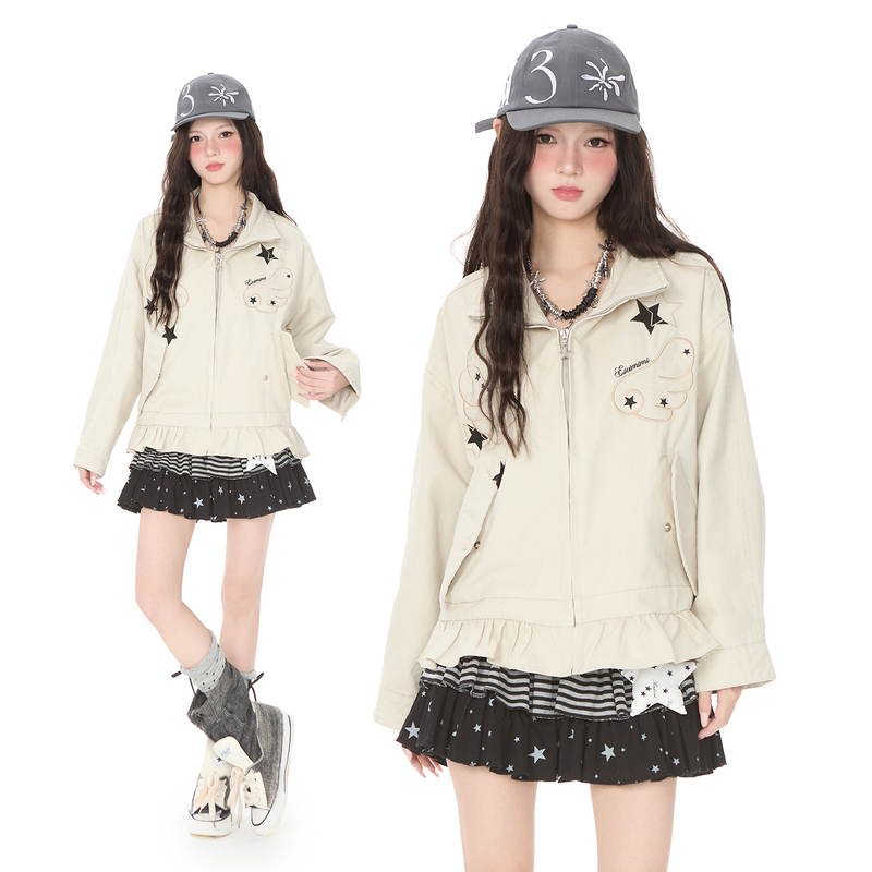 Double L2 American-Style Star Embroidered Pleated Hem Jacket for Women, Spring Loose-Fitting Versatile Workwear Jacket Top