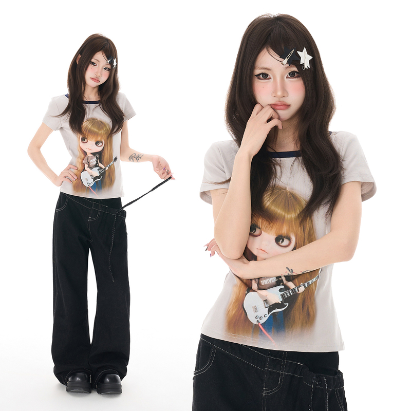 Double L2 American Barbie Doll Print Short-Sleeved T-Shirt for Women, Summer Loose Casual Off-Shoulder Slim Fit Top