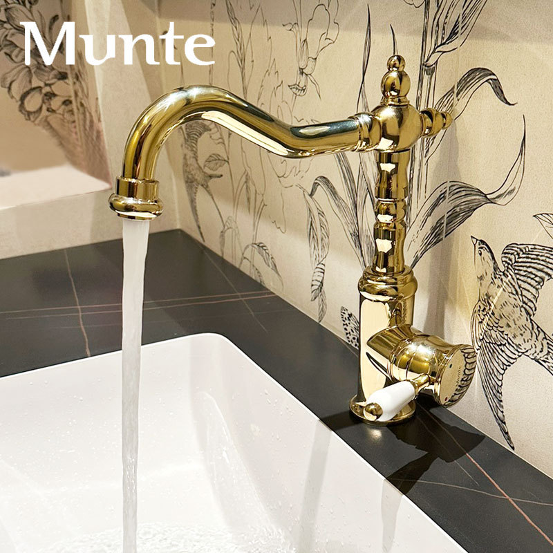 German Mustang Zirconium Gold Retro European Style Brass Basin Hot and Cold Faucet Water Outlet Can Rotate Left and Right