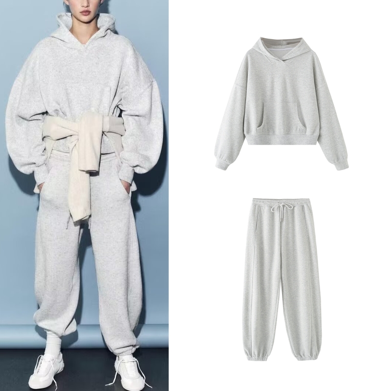 Za 25 Spring Stitched Decorative Jogger Pants 4090309 Pocket Decorated Hooded Long Sleeve Crew Neck Sweatshirt 4090300