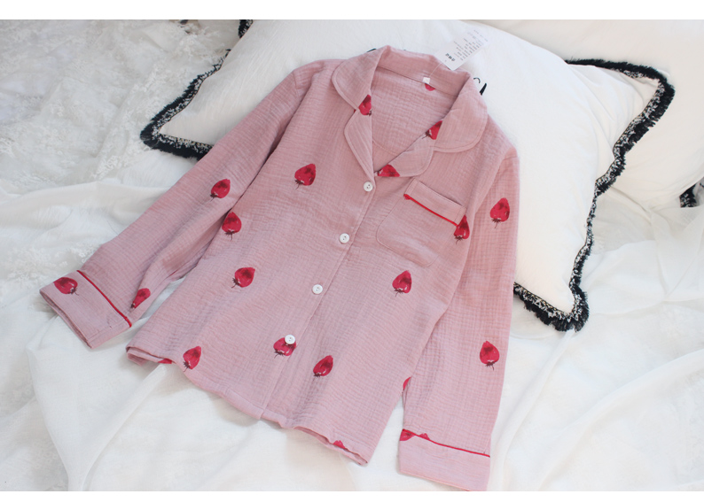 Cotton cotton đôi crepe sợi dài tay quần tây dâu tây áo ngủ phù hợp với dịch vụ nhà mùa xuân và mùa hè đồ bộ đẹp