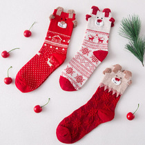 Buy 5 Double 2018 New All Cotton Big Red Socks Solid Christmas Elk Small Ears Cartoon