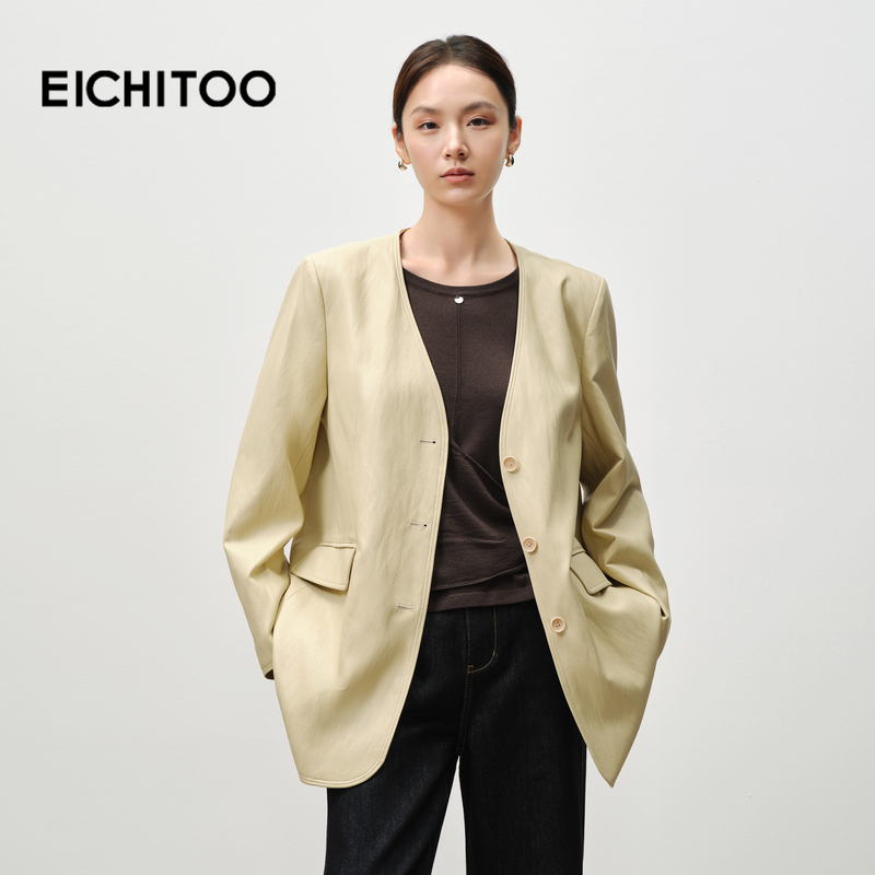 Aijutu V-Neck Leather Suit Jacket for Women, New Spring and Autumn Style, Wide Shoulder Design, Elegant and Professional Workwear