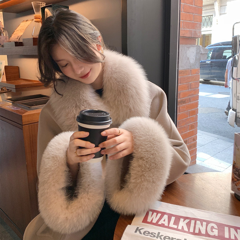 Miranda 2022 Winter new bifacial, cashmere big coat female fox fur collar with long version of fur cloak coat