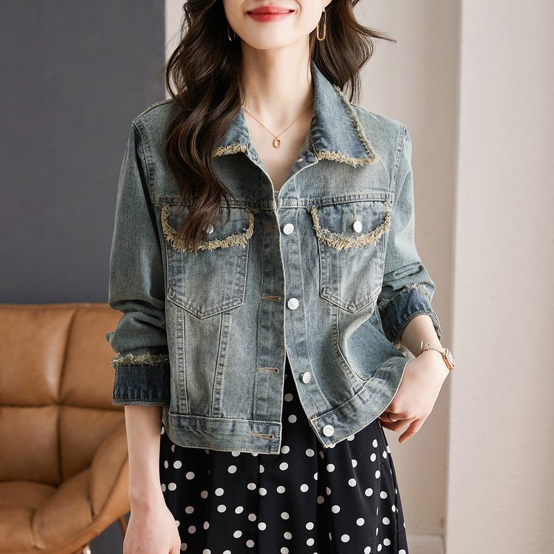 Trendy Jacket Spring New Style Hong Kong Style Retro Frayed Denim Jacket Women's Casual Versatile Jacket Autumn