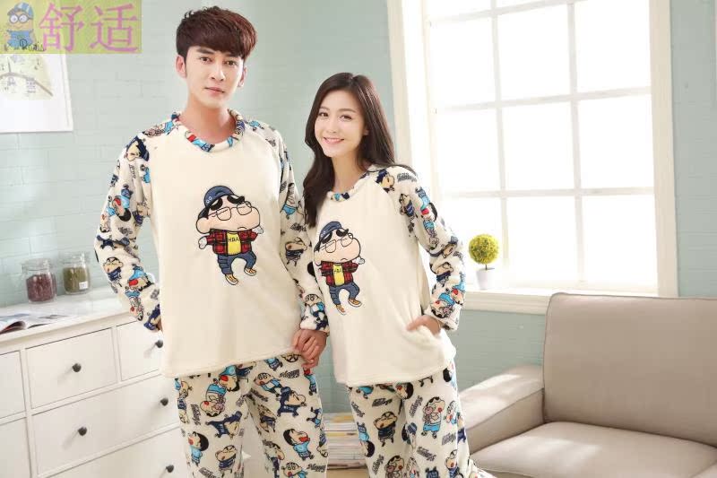 Đồ ngủ nhung nữ mùa đông phiên bản Hàn Quốc của cặp đôi dày ngọt dễ thương bút chì màu nhỏ mới phù hợp với dịch vụ nhà nam flannel bộ pijama