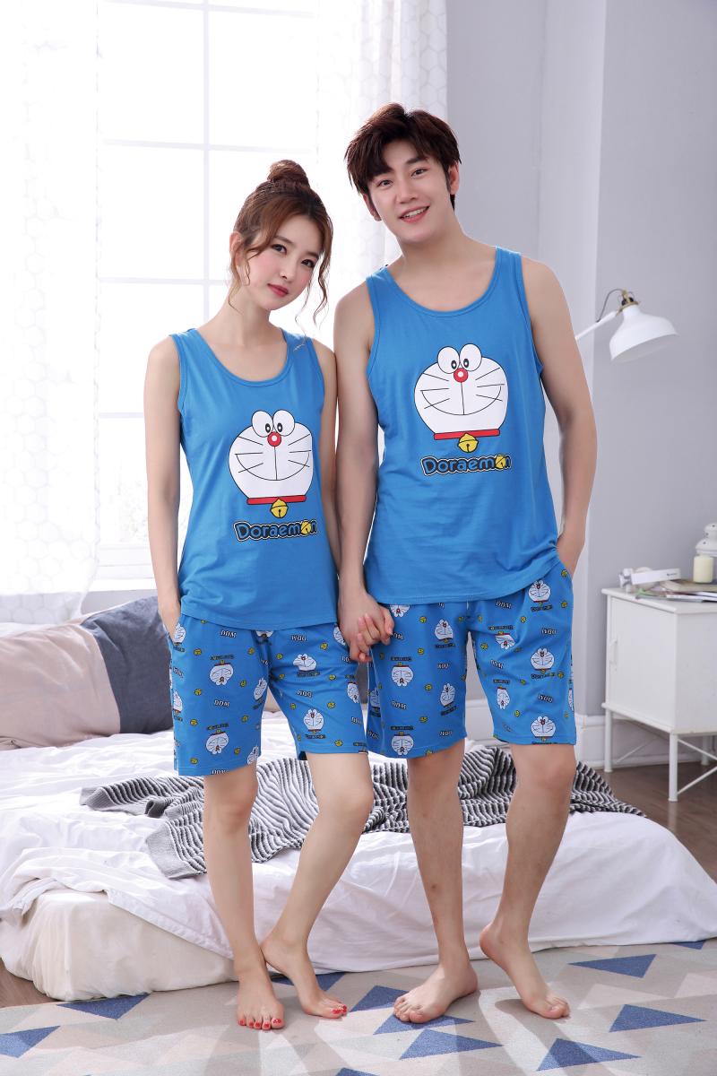 帛 美 美 Mùa hè vài bộ đồ ngủ mèo leng keng người đàn ông và phụ nữ máy cotton ngắn tay mèo 哆 啦 Một bộ đồ dịch vụ nhà mơ ước đồ bộ mặc nhà bằng vải thun