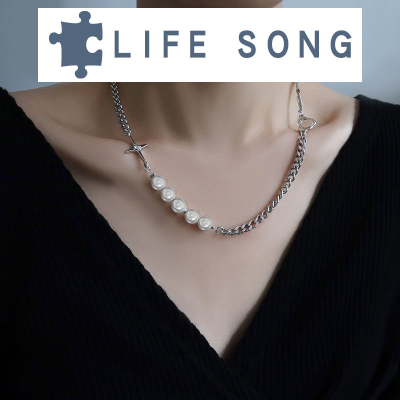 KVK Necklace Clavicle Chain Stitching Love Cross Reflective Pearl European and American Trend Partner Niche Light Luxury Chain