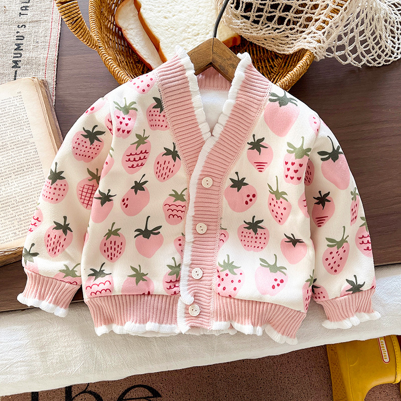 Girls' Strawberry Knitted Cardigan Jacket Pink V Neck Buttoned Sweater Fashionable and Cute Top