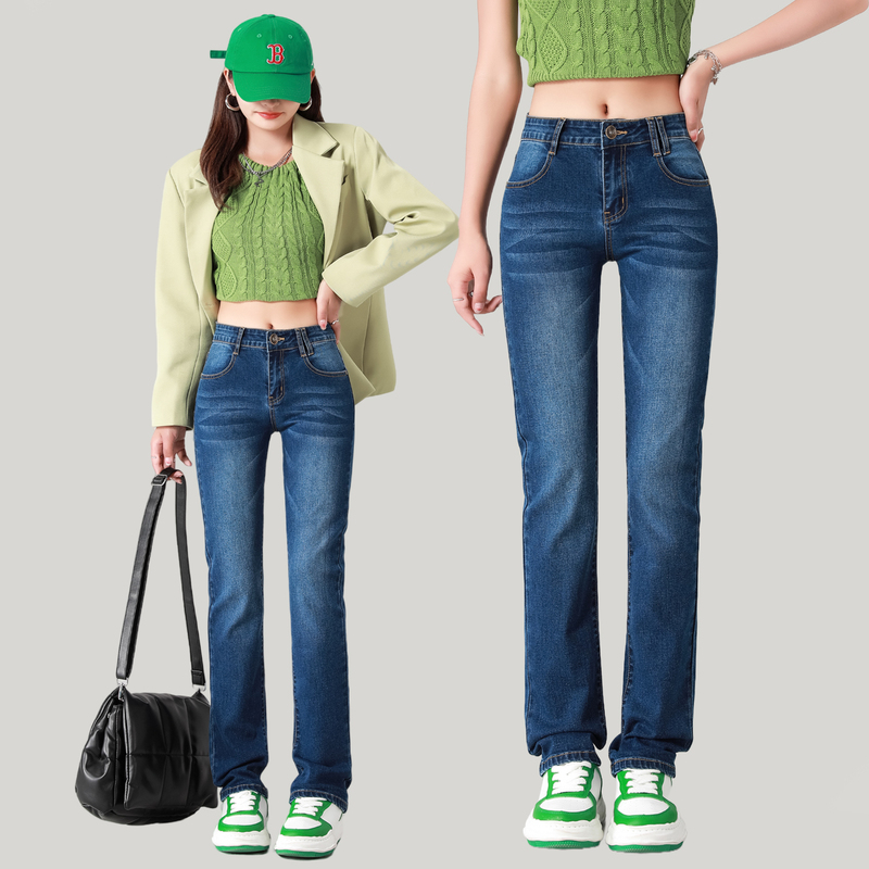 2026 New Mid-Waist Straight-Leg Jeans for Women, Blue Washed Straight-Leg Cigarette Pants, Stretchy, Slimming, Versatile Long Pants, Trendy
