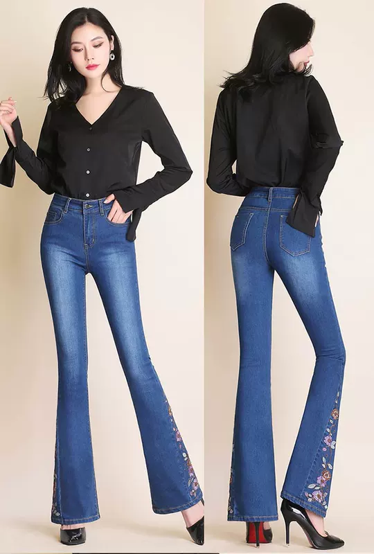 Mùa xuân và mùa thu mới quần ống loe cao eo thêu hoa vi quần jeans nữ dài Quần mỏng là quần ống rộng ống rộng - Quần jean