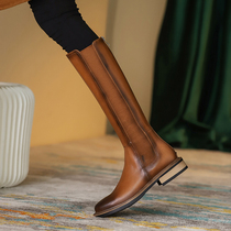 Small aromas full genuine leather long cylinder boot retro display slim long boot female high cylinder rider boot brown without kneecap elastic leather boot