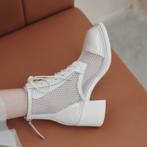 Spring Summer Breathable Martin Boots Woman Genuine Leather Hollowed-out Mesh Yarn Sandal Boots High Heel Mesh Boots 100 Hitch Heel Short Boots