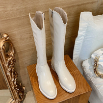 Knight boots female high cylinder boots new 100 hitch boot female display slim middle cylinder boot V mouth western boot rice white long cylinder boot