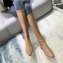 Elastic Boots High Cylinder Apricots Color Long Boots Woman Coarse Heel Square Head Women Shoes 2021 Fall Winter Plus Suede Slim Boots Knight Boots