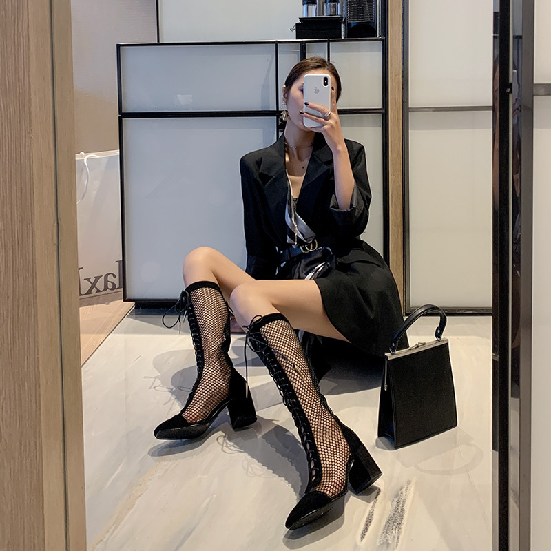 2021 spring and summer new mesh long tube sandals hollow mesh Roman shoes lace-up sandals net red high-heeled women's shoes