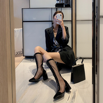 2021 spring and summer new mesh long cylinder cool boots hollowed-out mesh yarns Roman shoe strap sandal mesh red high heel womens shoes