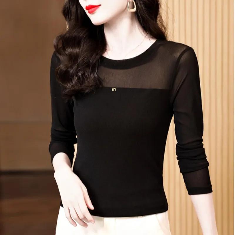 Round Neck Black Mesh Base Shirt for Women, Spring 2026 New Slim-Fit Long-Sleeve T-Shirt, Lace Top