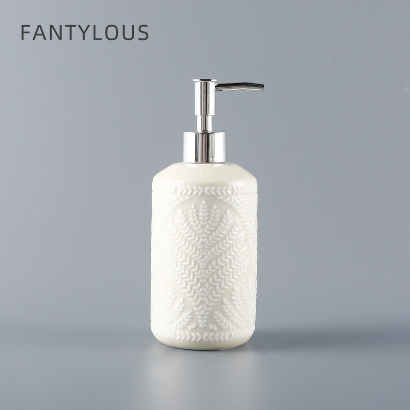 Ceramic Hand Sanitizer Bottle, Shower Gel Refill Bottle, Shampoo Press Bottle, Lotion Dispenser, Ivory Yellow Embossed Soap Dispenser
