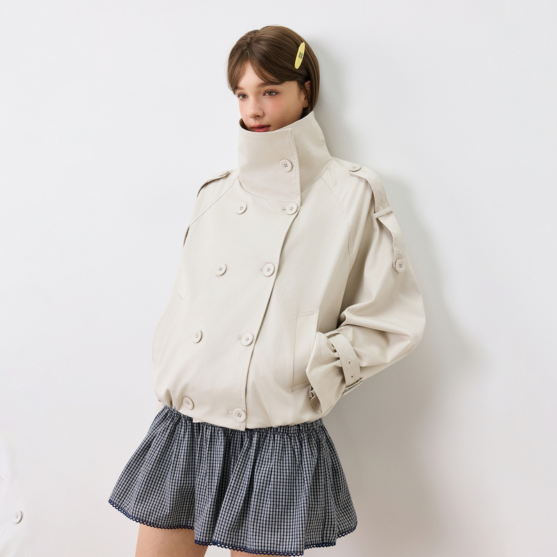Kxlfchn Spring and Autumn Large Lapel Double-Breasted Short Trench Coat Simple Loose Casual Top for Women