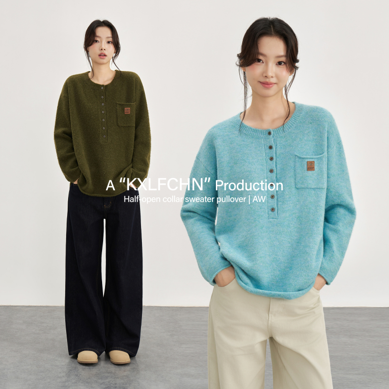 Kxlfchn Loose-Fitting Pullover Sweater with Half-Open Collar for Autumn and Winter, with Drop Shoulder Sleeves, Casual Pullover Top for Women