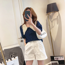 Shirt woman slim fit 2022 Summer new womens dress Korean version Tide Fashion Hit navy Collar Air Bubble Cuff blouses