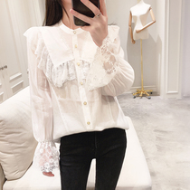 Shirt women 2021 new autumn womens clothing Korean version of fashion foreign style lace stitching top doll collar chiffon shirt