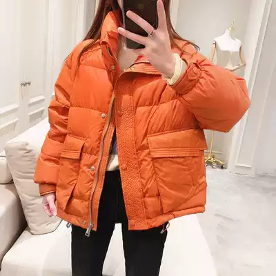Down jacket 2021 new trendy women's winter clothing Korean loose drawstring stand-up collar thickened short bread jacket