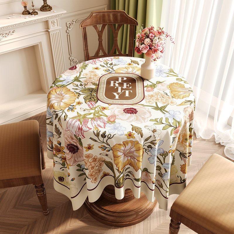 American-Style Tablecloth, No-Wash, Oil-Proof, Waterproof, Light Luxury, High-End Feel, Vintage Round Side Table, Dining Table, Afternoon Tea Tablecloth