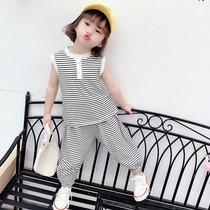 Girls Spring and Summer Set 2021 Childrens Wear New Children Korean Stripe Sleeveless Top Pants Set