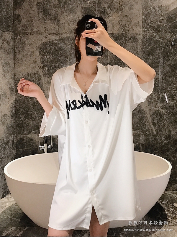 Japanese Gp Shirt Nightdress for Women, Ice Silk, Sexy Cartoon Boyfriend Style, Summer Short-Sleeved, Loose, High-End Home Wear