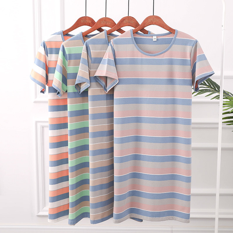 Cotton knitted night dress Women's summer striped round neck short sleeve thin home skirt Student skirt Casual dress