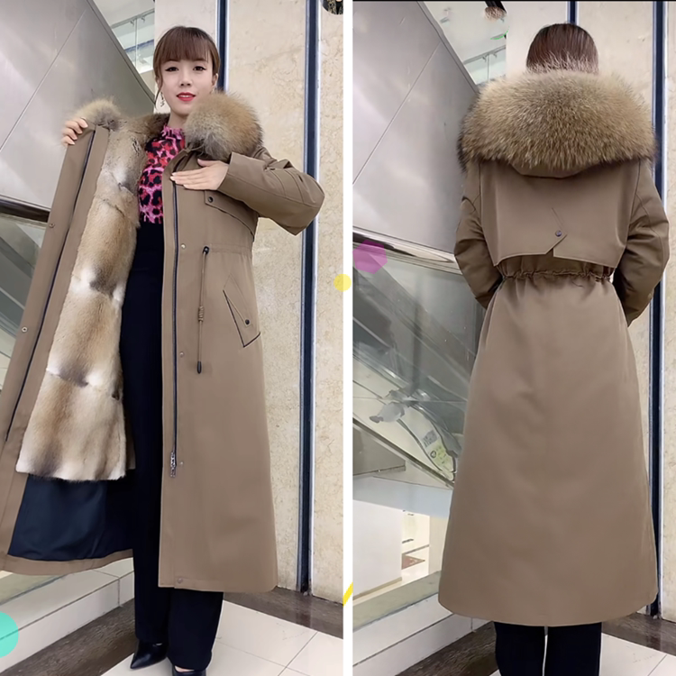 Genuine Mink Parka with Detachable Green Mink Lining, Genuine Leather Long Mink Fur Coat for Women