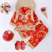 Female baby 100 days old Tang costume brocade festive New Year festive dress phoenix tail flower to send shoes and hats high-grade