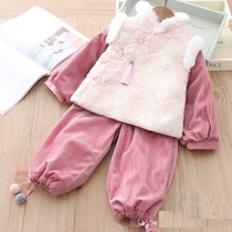 Fine corduroy 2-piece set of childrens cheongsam girls winter dress womens baby embroidered sports Hanfu warm